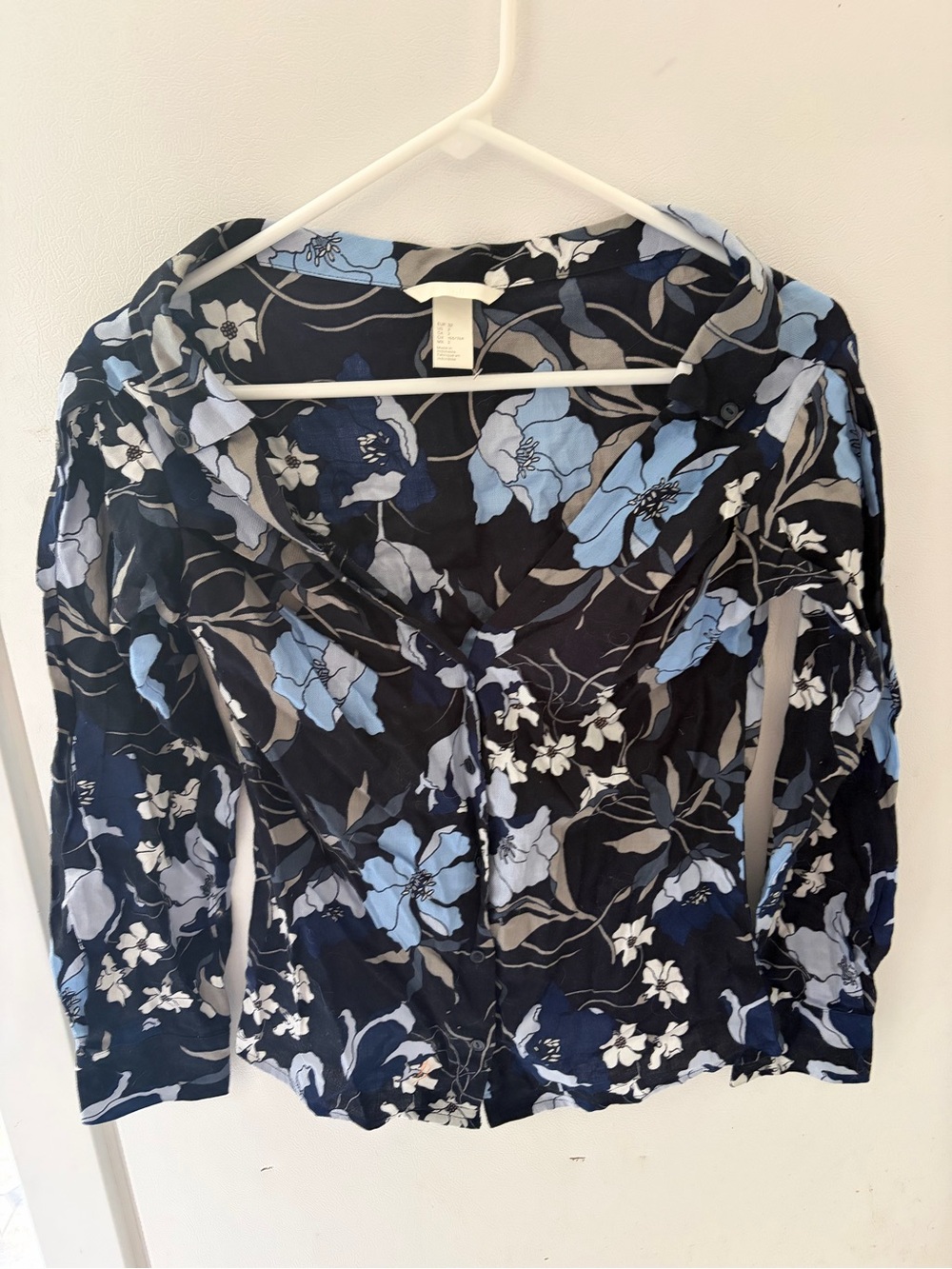 H&M Navy and Light Blue Floral Button-Up Blouse